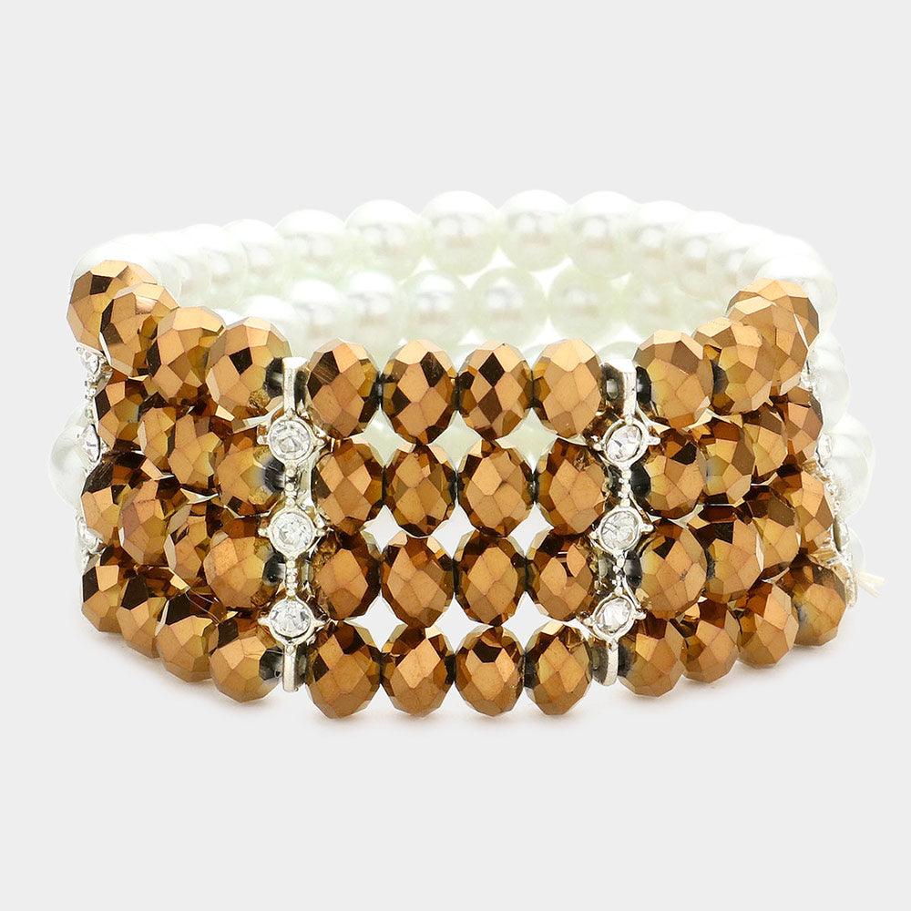 Brown Two Tone Pearl Glass Bead Stretch Bracelet