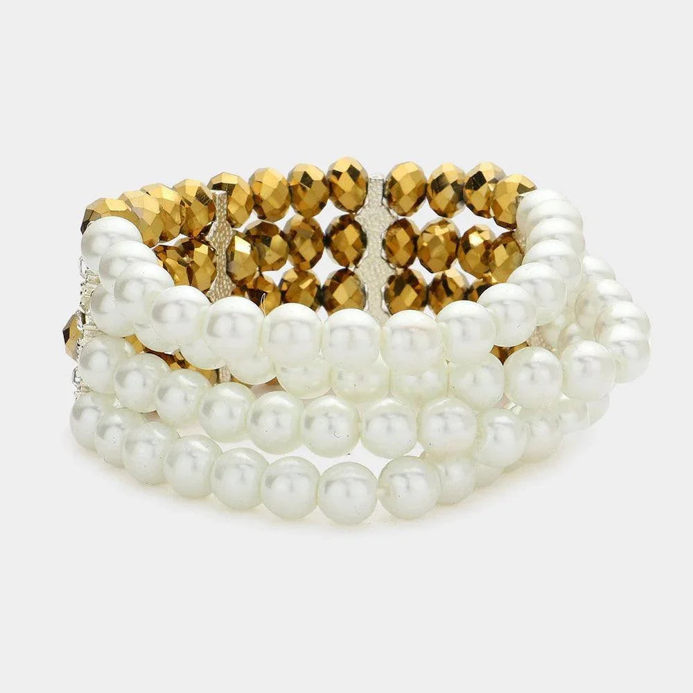 White Two Tone Pearl Glass Bead Stretch Bracelet - Jewelry Store by Erik Rayo