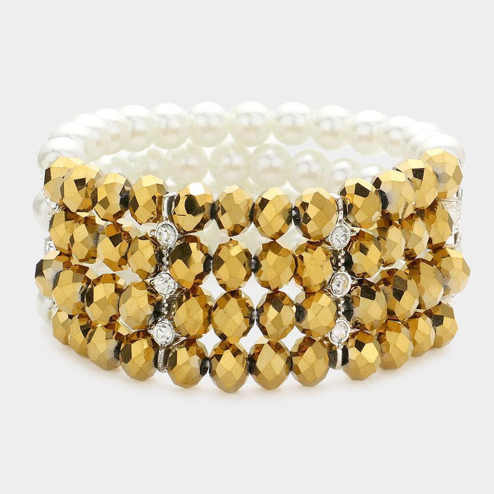 White Two Tone Pearl Glass Bead Stretch Bracelet - Jewelry Store by Erik Rayo