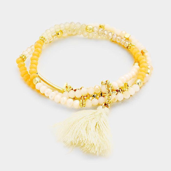 Gold Triple Strand Beaded Tassel Stretch Bracelet - Jewelry Store by Erik Rayo