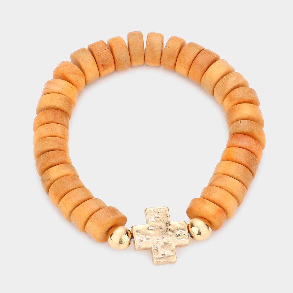 Brown Hammered Metal Cross Wood Stretch Bracelet - Jewelry Store by Erik Rayo