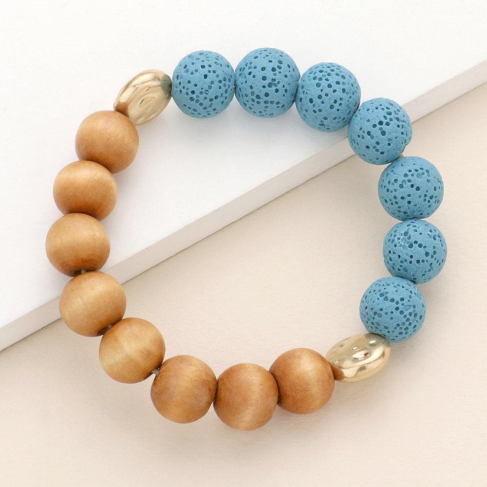 Blue Wood Ball Lava Rock Basalt Beaded Stretch Bracelet - Jewelry Store by Erik Rayo