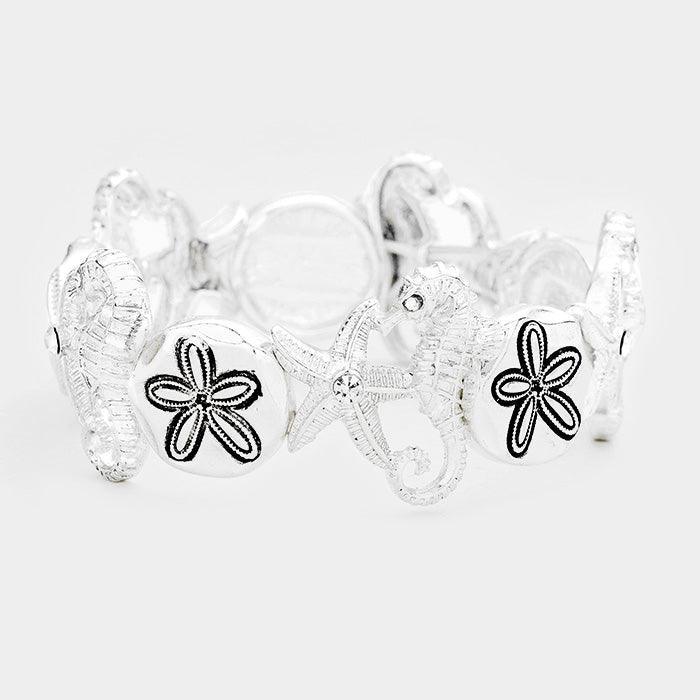 Silver Stone Starfish Seahorse Sand Dollar Metal Stretch Bracelet
