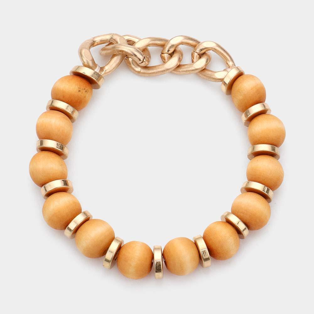 Brown Metal Chain Wood Ball Stretch Bracelet