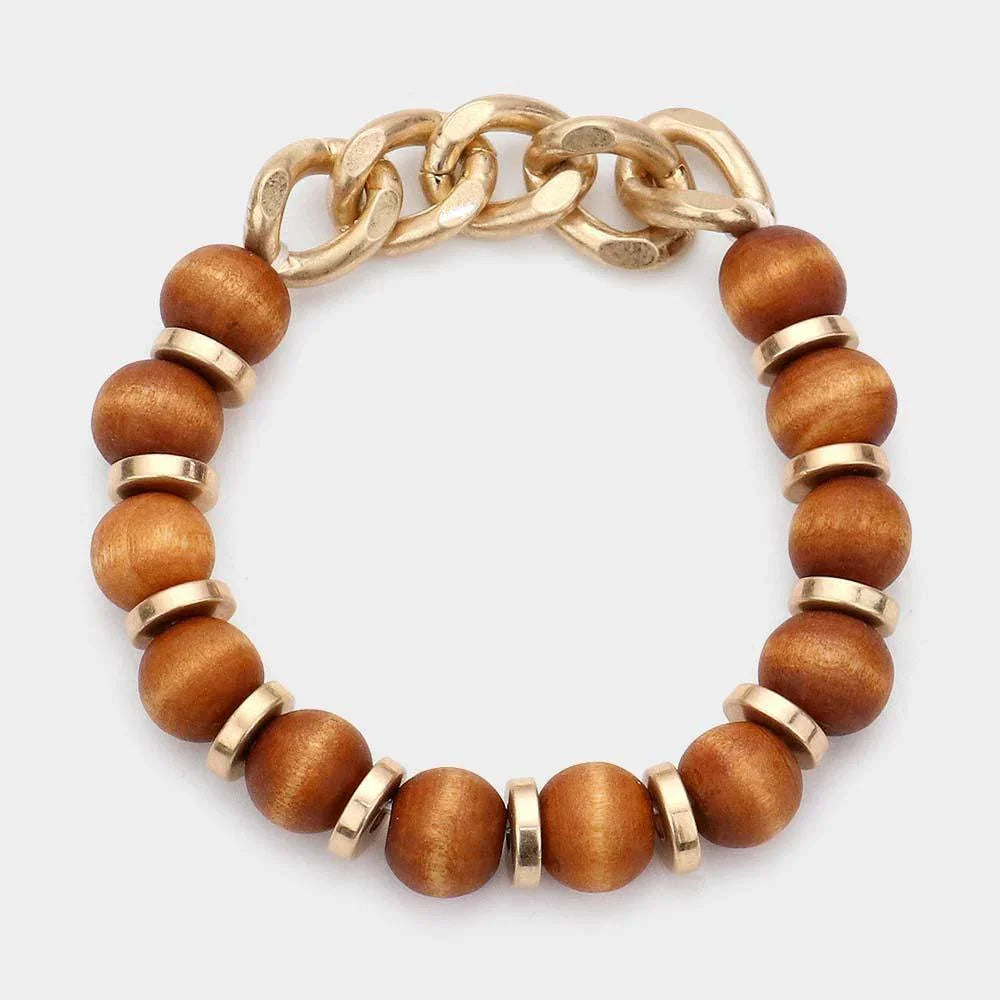 Brown Metal Chain Wood Ball Stretch Bracelet - Jewelry Store by Erik Rayo