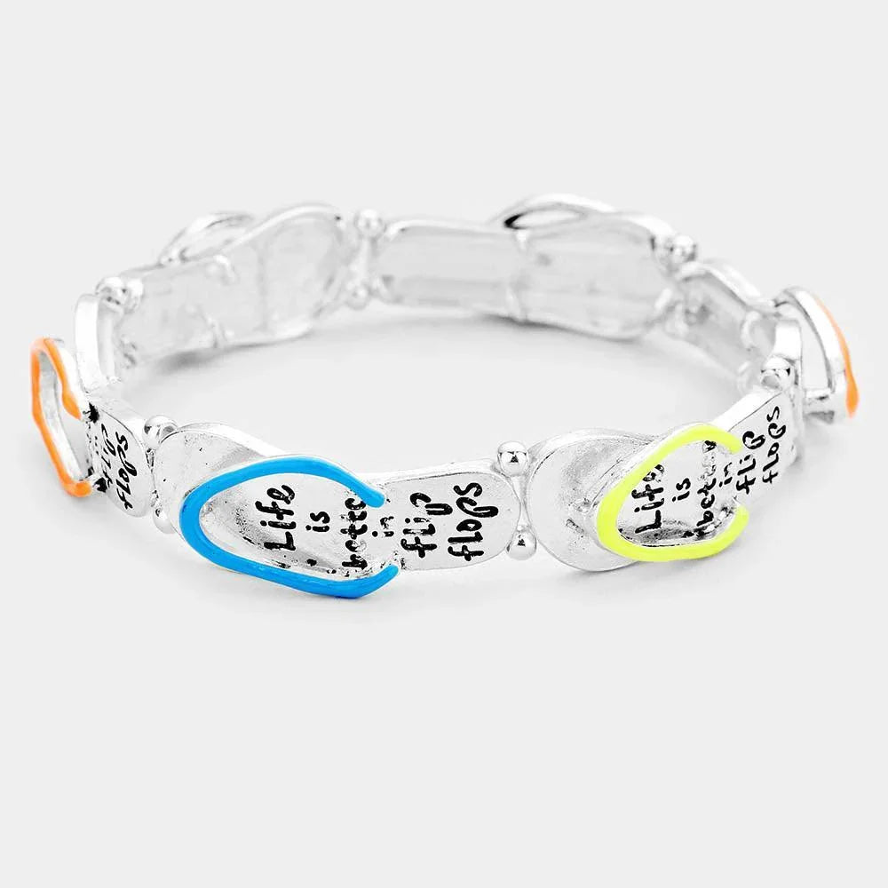 Silver 'Life is Better In Flip Flops' Metal Stretch Bracelet