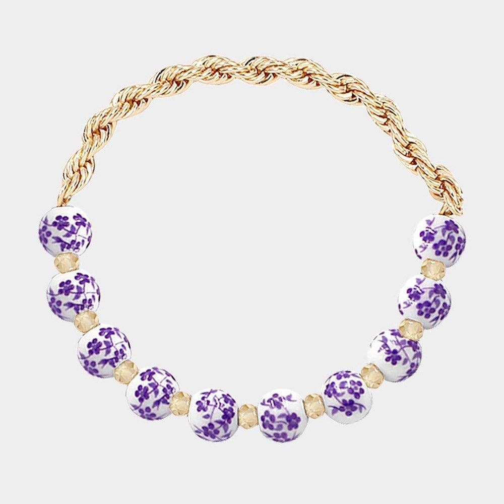 Purple Flower Patterned Beaded Stretch Bracelet - Jewelry Store by Erik Rayo