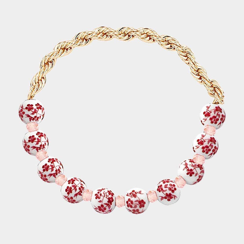 Red Flower Patterned Beaded Stretch Bracelet - Jewelry Store by Erik Rayo