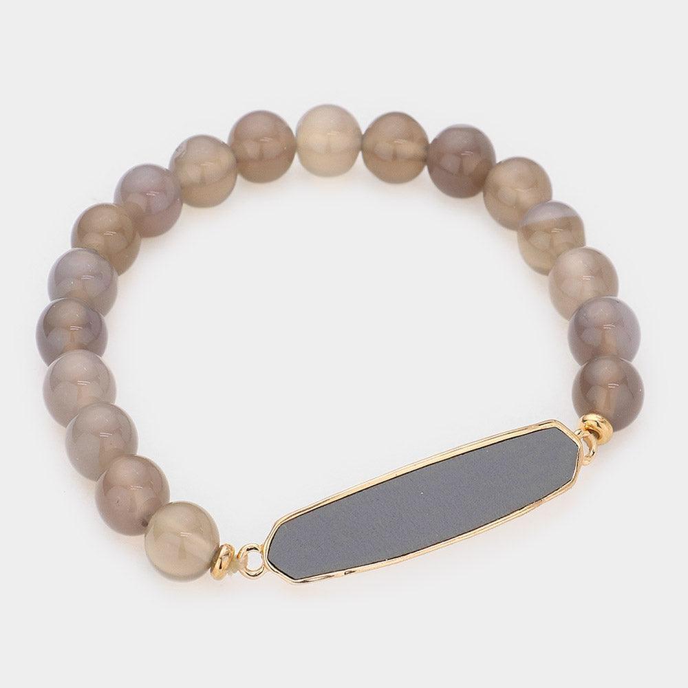 Gray Faux Leather Bar Natural Stone Stretch Bracelet - Jewelry Store by Erik Rayo