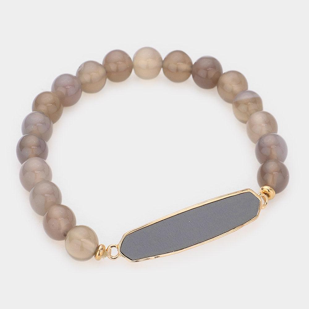 Gray Faux Leather Bar Natural Stone Stretch Bracelet