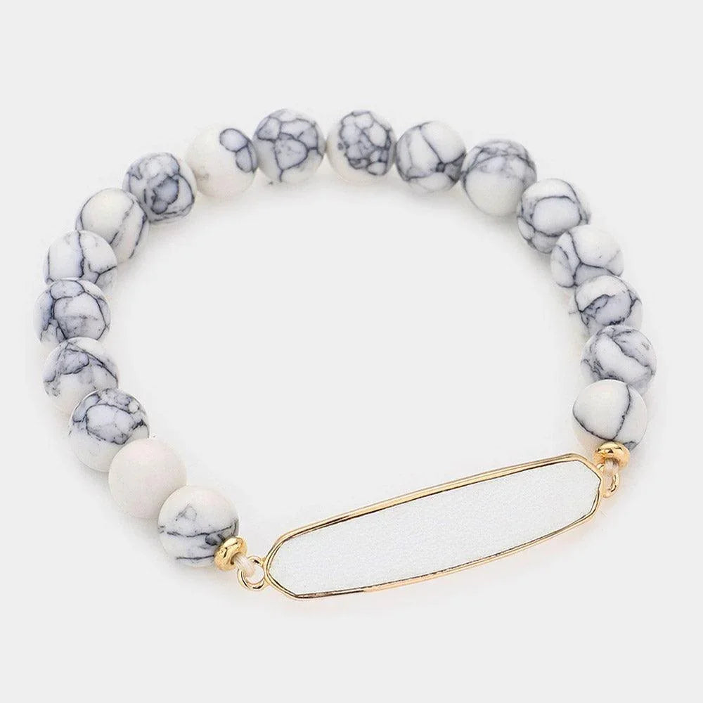 Faux Leather Bar Natural Stone Stretch Bracelet - Jewelry Store by Erik Rayo