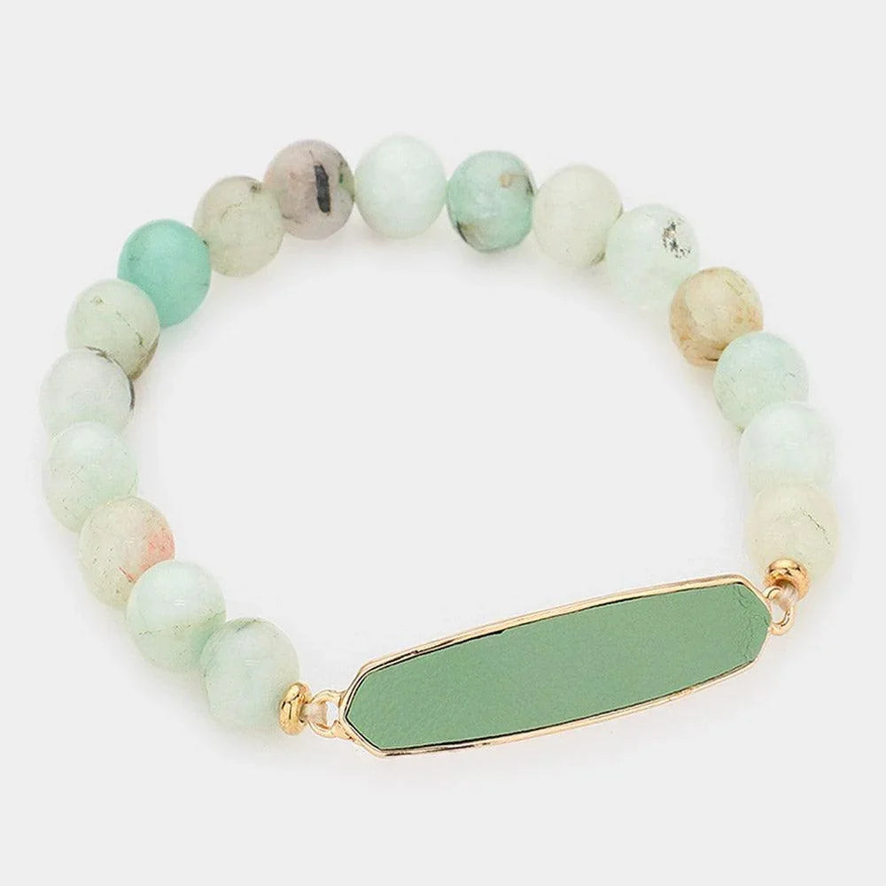 Faux Leather Bar Natural Stone Stretch Bracelet - Jewelry Store by Erik Rayo
