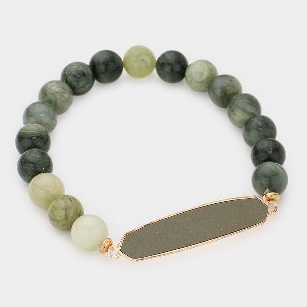 Green Faux Leather Bar Natural Stone Stretch Bracelet - Jewelry Store by Erik Rayo