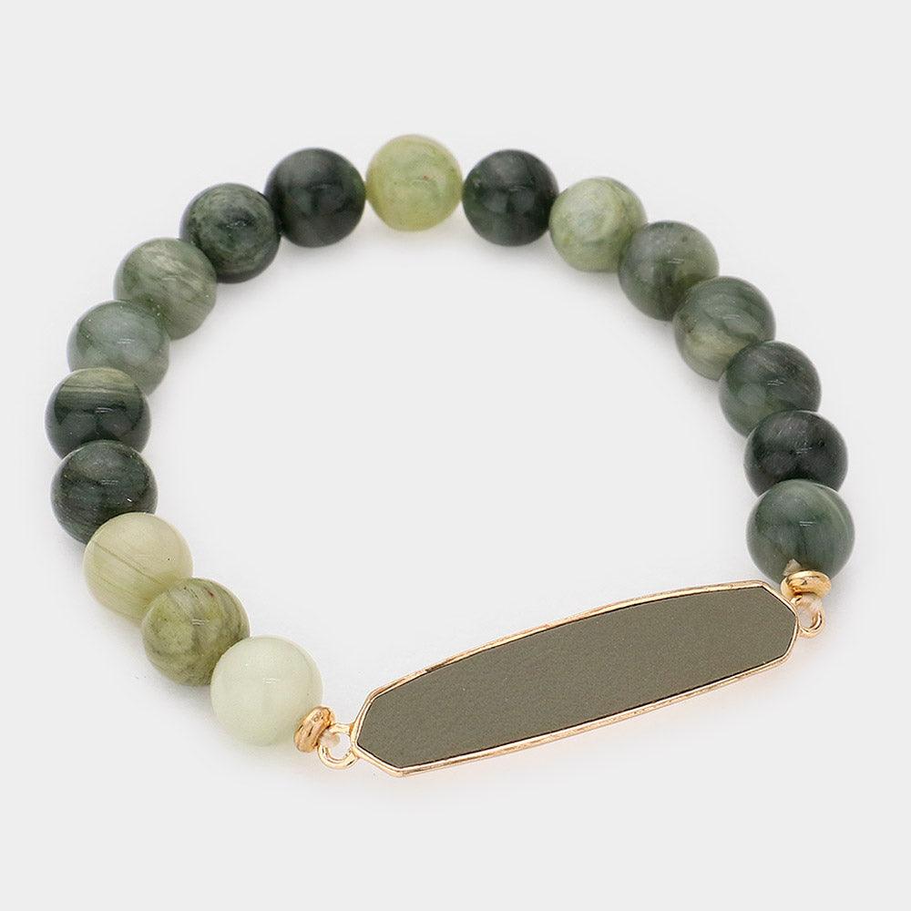 Green Faux Leather Bar Natural Stone Stretch Bracelet