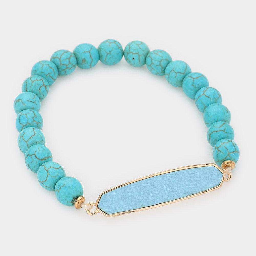 Turquoise Faux Leather Bar Natural Stone Stretch Bracelet - Jewelry Store by Erik Rayo