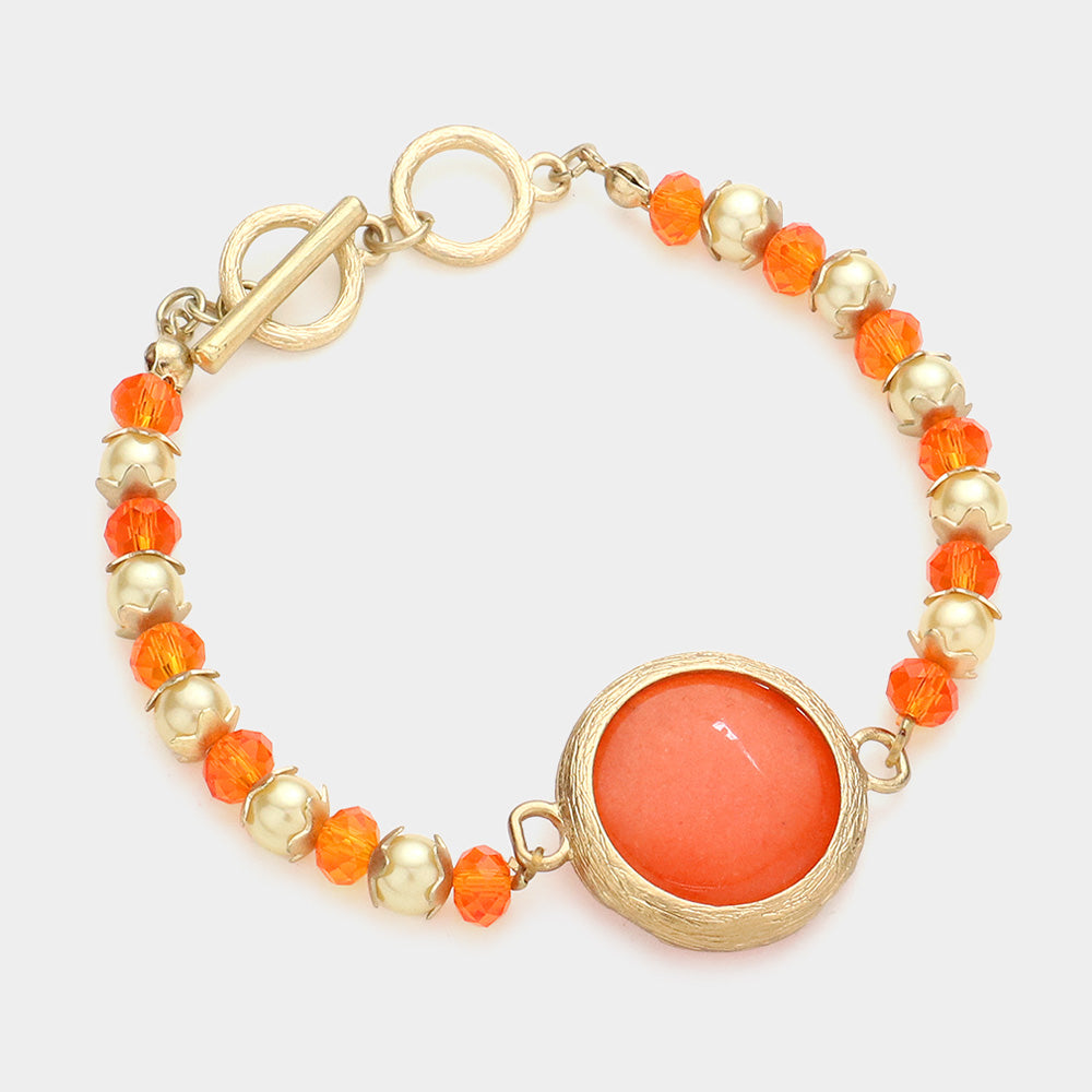 Orange Beaded Round Gemstone Stretch Toggle Bracelet