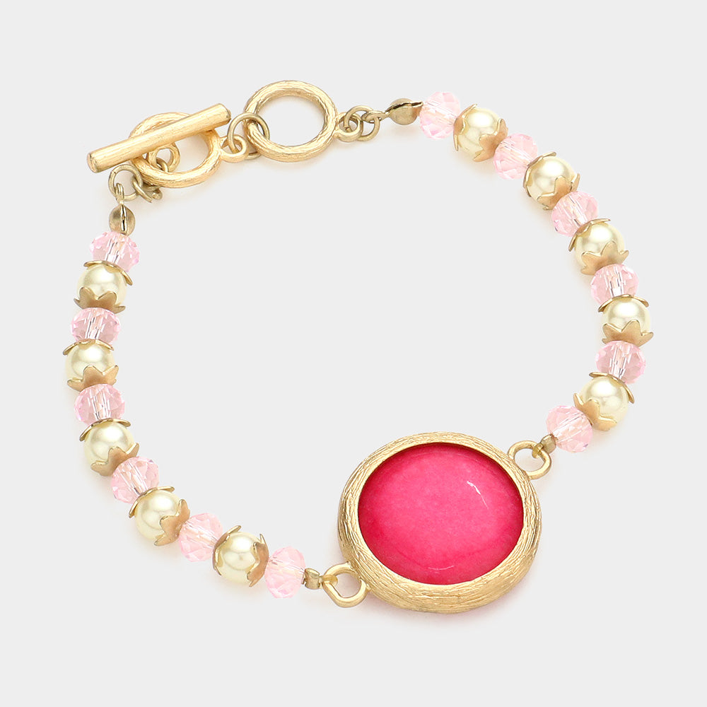 Pink Beaded Round Gemstone Stretch Toggle Bracelet