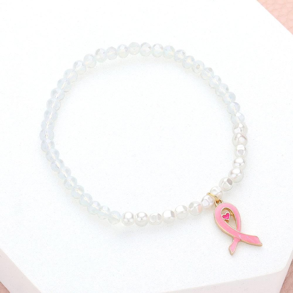 Pink Pink Ribbon Charm Pearl Stretch Bracelet