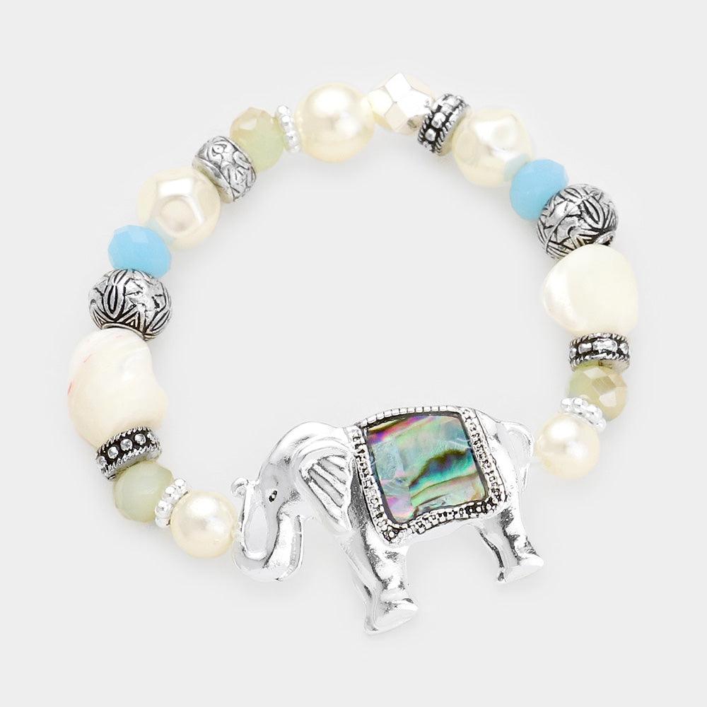 Silver Abalone Antique Sliver Elephant Multi Bead Pearl Bracelet