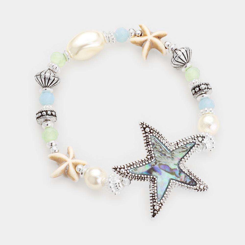 Silver Abalone Antique Sliver Starfish Multi Bead Pearl Bracelet