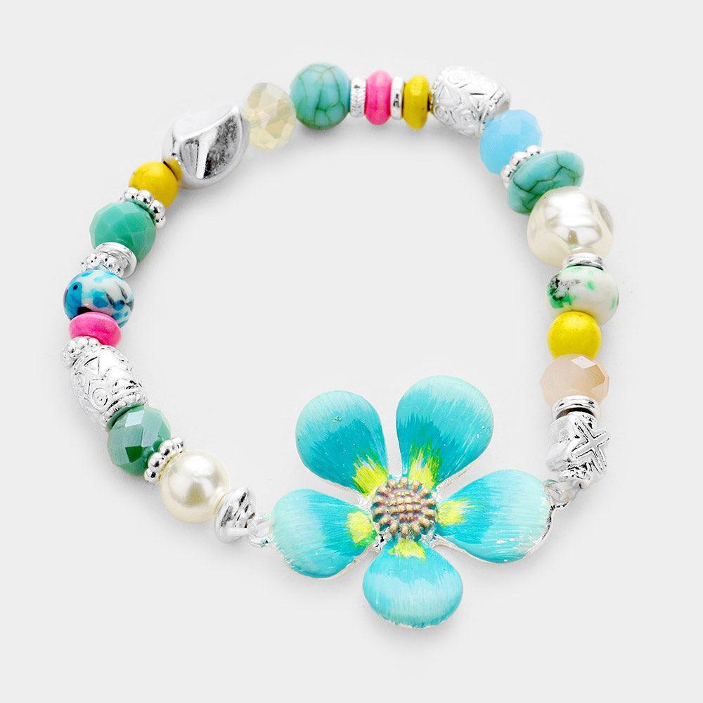 Green Multi Beaded Bloom Flower Stretch Bracelet - Jewelry Store by Erik Rayo