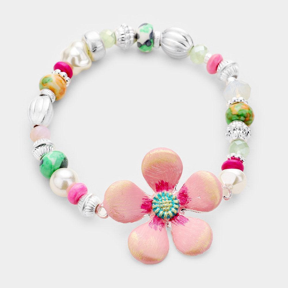 Pink Multi Beaded Bloom Flower Stretch Bracelet - Jewelry Store by Erik Rayo