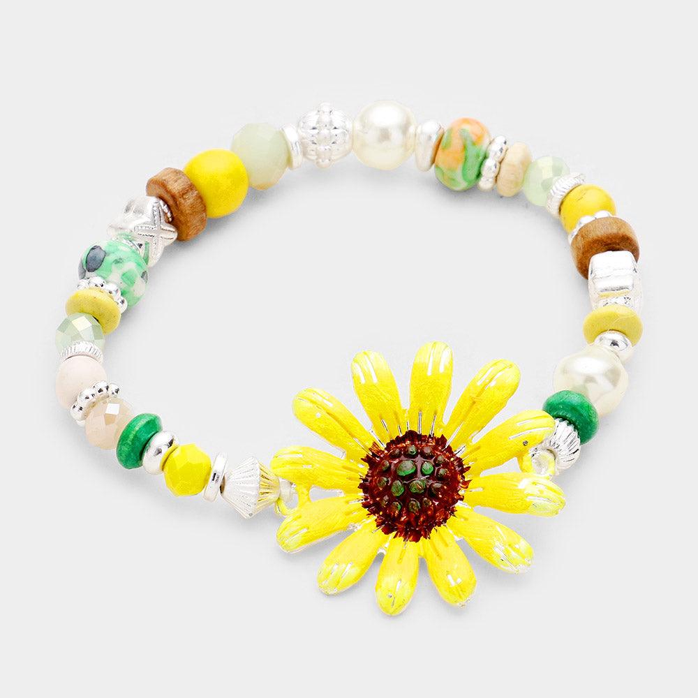 Yellow Multi Beaded Bloom Flower Stretch Bracelet