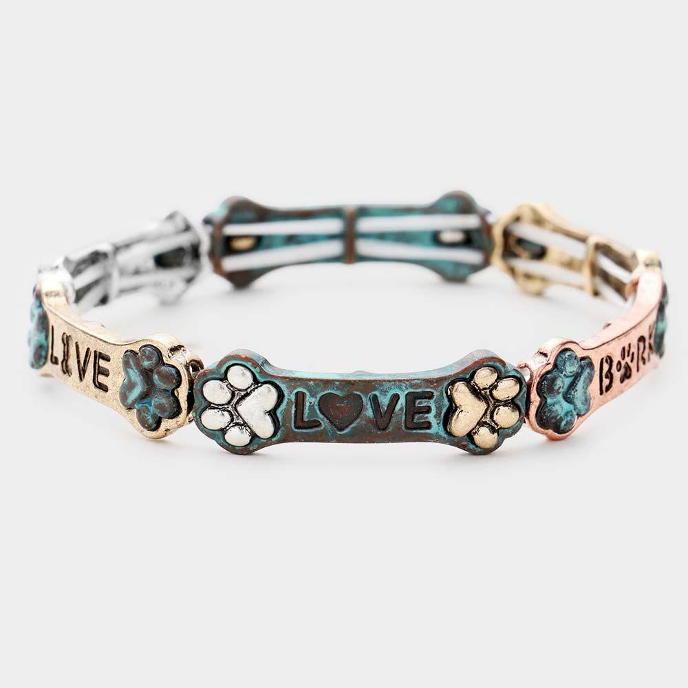 Three Tone Live Love Bark Paw Burnished	Metal Stretch Bracelet