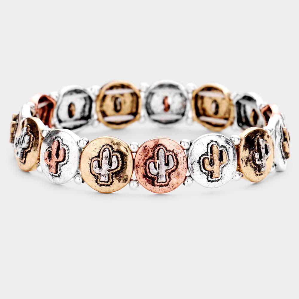 Three Tone Burnished Metal Cactus Stretch Bracelet - Jewelry Store by Erik Rayo