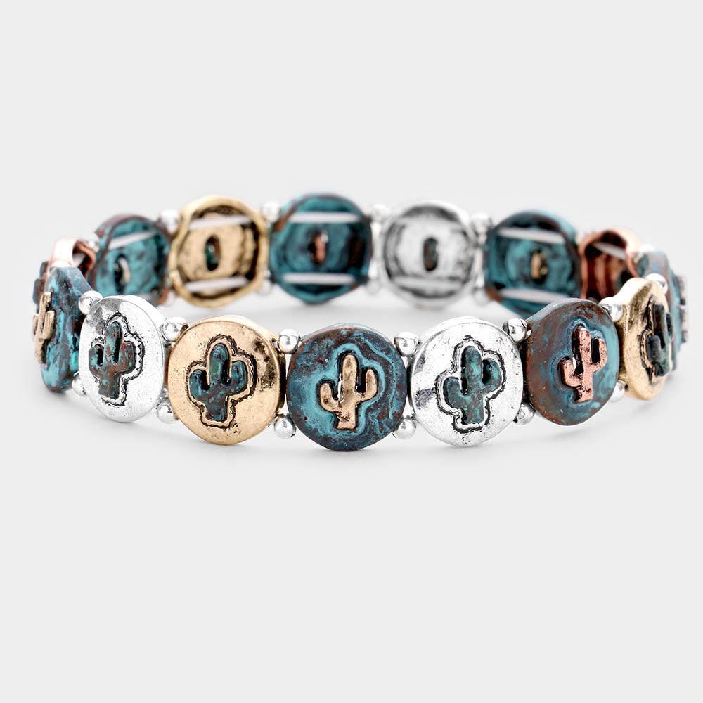 Three Tone Burnished Metal Cactus Stretch Bracelet - Jewelry Store by Erik Rayo