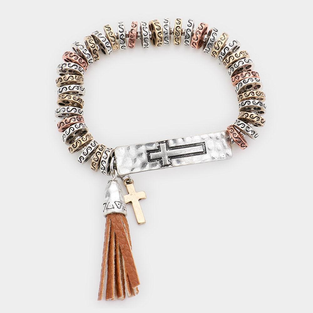 Embossed Cross Metal Bar Faux Leather Tassel Charm Stretch Bracelet - Jewelry Store by Erik Rayo
