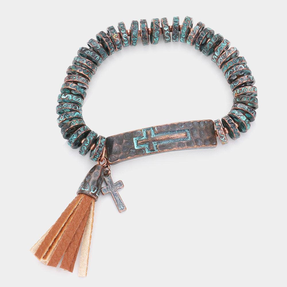 Embossed Cross Metal Bar Faux Leather Tassel Charm Stretch Bracelet - Jewelry Store by Erik Rayo