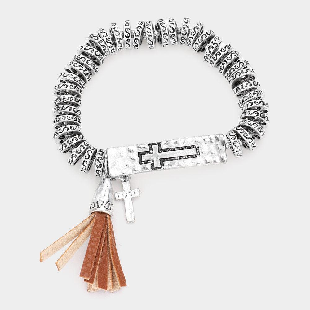 Embossed Cross Metal Bar Faux Leather Tassel Charm Stretch Bracelet - Jewelry Store by Erik Rayo