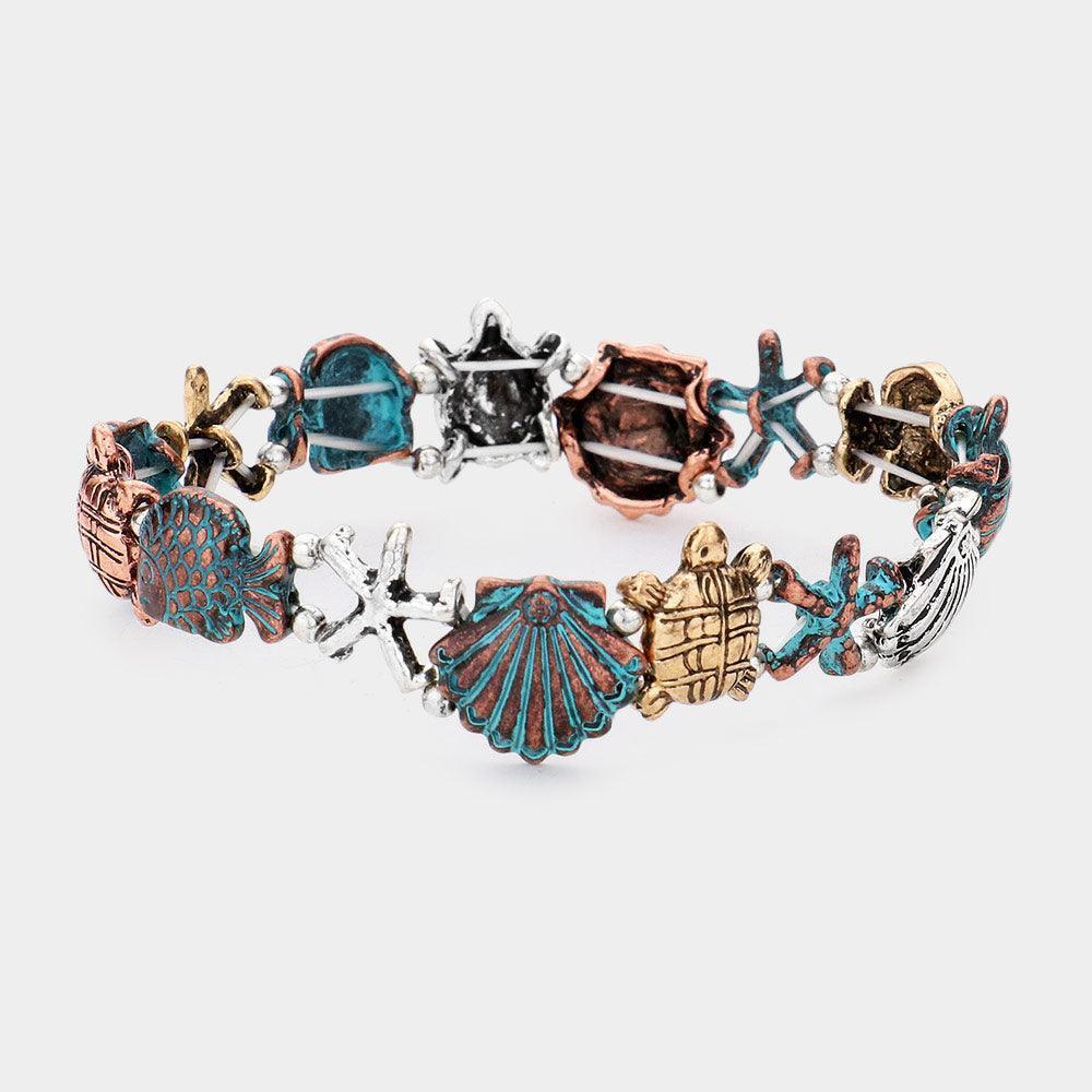 Antique Metal Shell Turtle Fish Starfish Stretch Bracelet - Jewelry Store by Erik Rayo