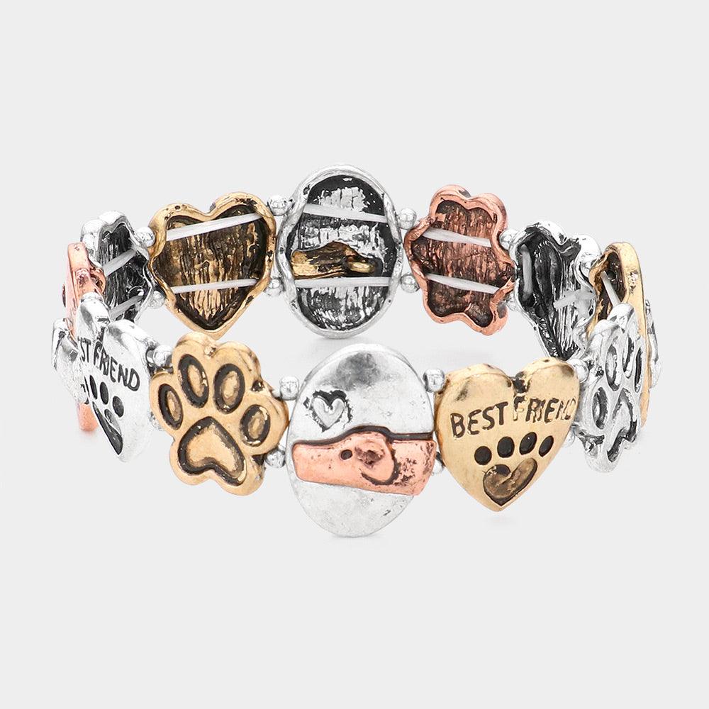 Three Tone Metal Dog Paw BEST FRIEND Message Heart Stretch Bracelet