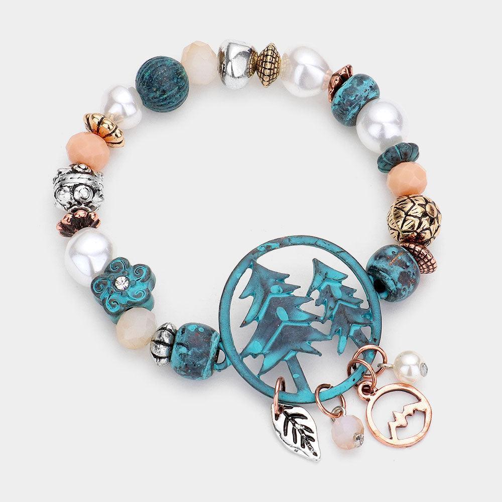 Tree Of Life Pearl Faceted Beads Metal Stretch Bracelet - Jewelry Store by Erik Rayo