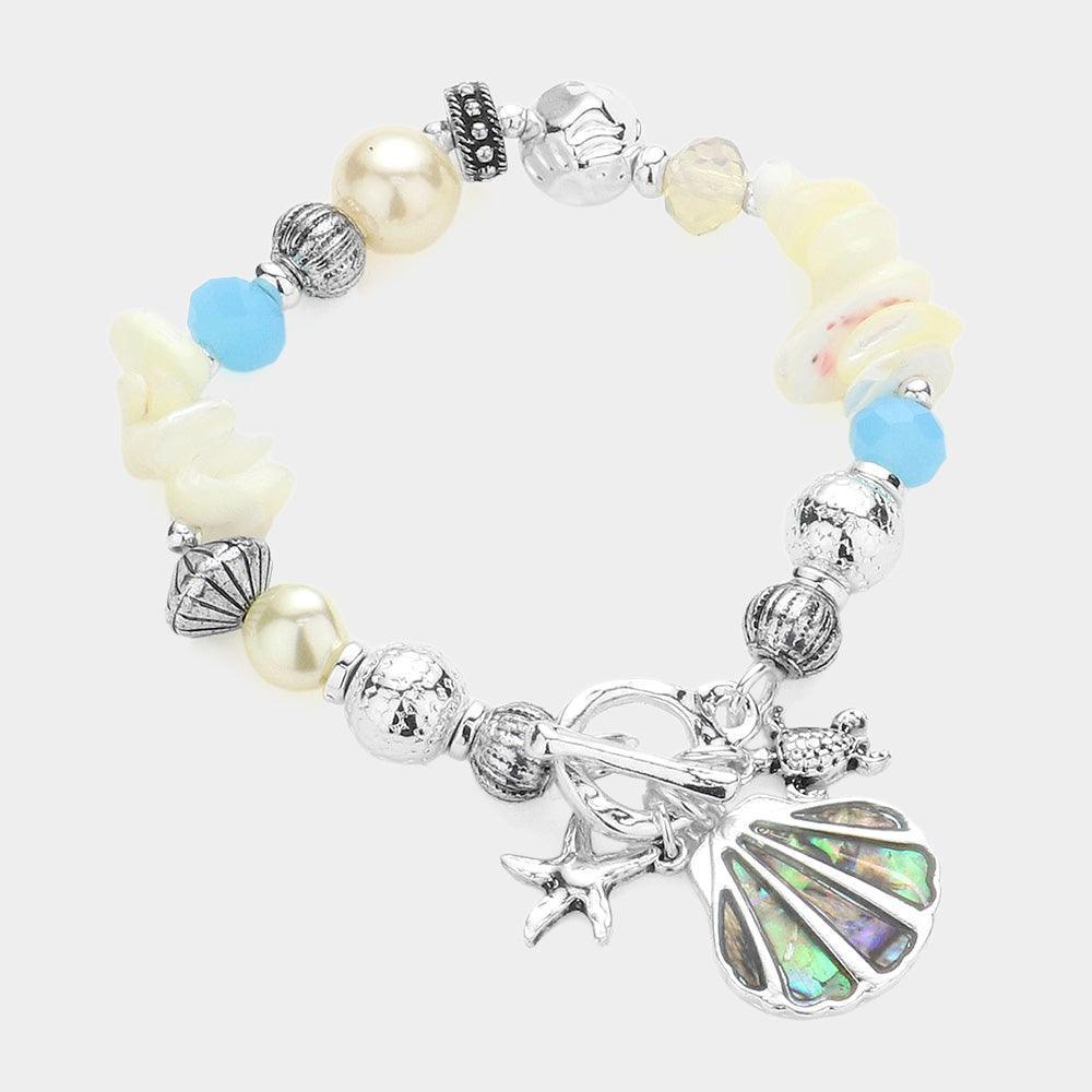 Abalone Shell Metal Starfish Turtle Charm Pearl Beaded Stretch Toggle Bracelet - Jewelry Store by Erik Rayo