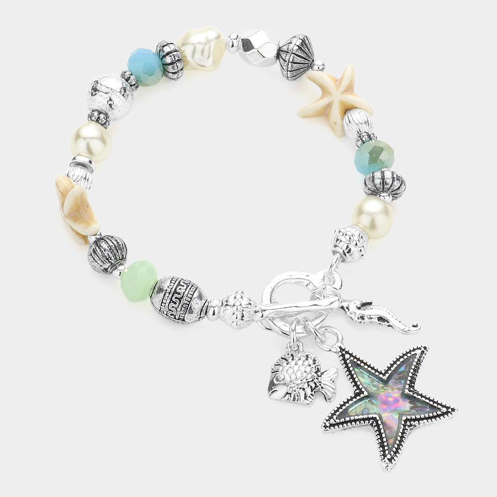 Abalone Starfish Metal Fish Seahorse Charm Pearl Beaded Stretch Toggle Bracelet - Jewelry Store by Erik Rayo