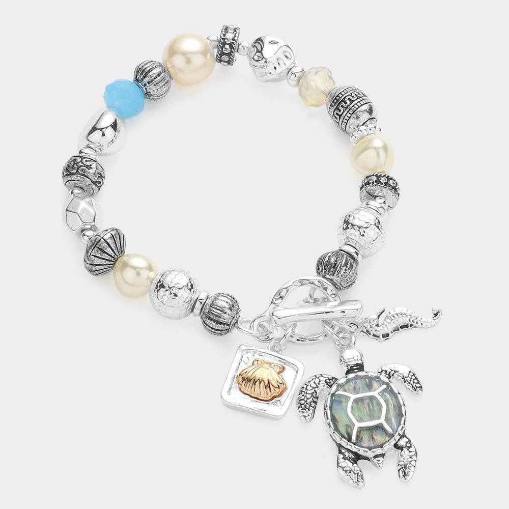Abalone Turtle Metal Shell Seahorse Charm Pearl Beaded Stretch Toggle Bracelet - Jewelry Store by Erik Rayo