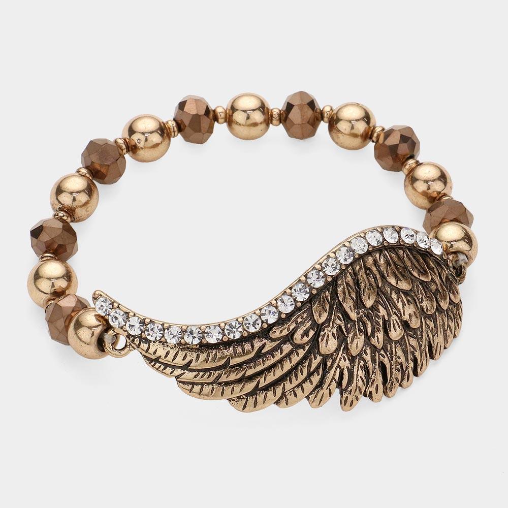 Gold Rhinestone Embellished Metal Wing Stretch Bracelet - Jewelry Store by Erik Rayo