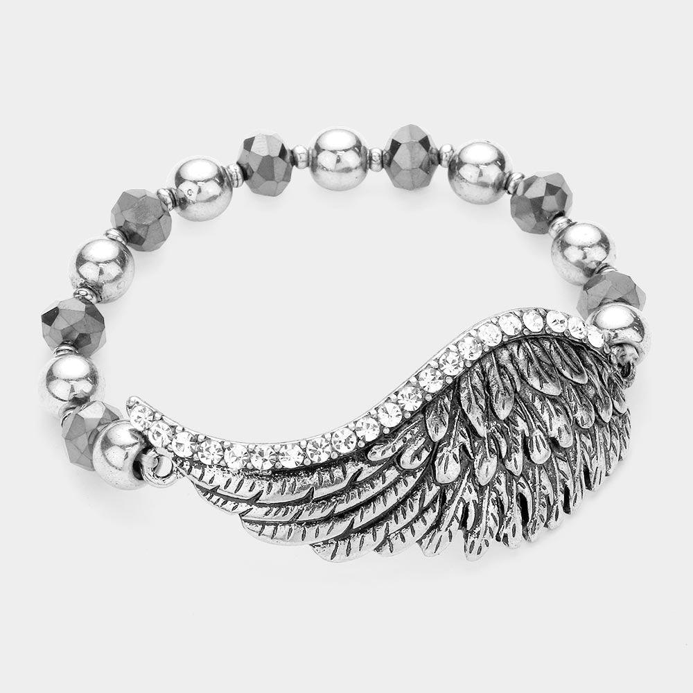 Silver Rhinestone Embellished Metal Wing Stretch Bracelet