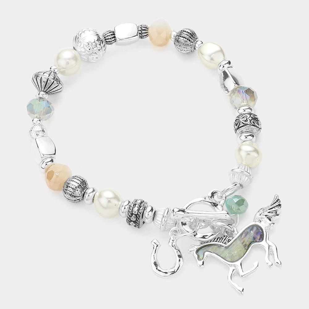Abalone Running Horse Charm Beaded Stretch Toggle Bracelet - Jewelry Store by Erik Rayo