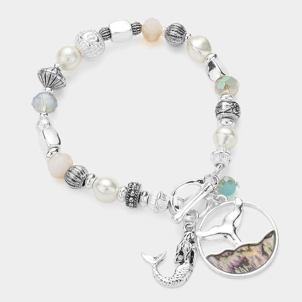 Abalone Whale Tail Mermaid Charm Beaded Stretch Toggle Bracelet - Jewelry Store by Erik Rayo