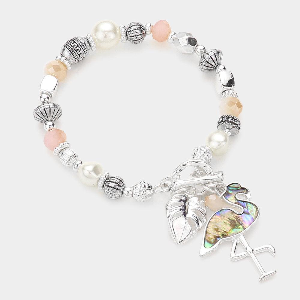 Abalone Flamingo Tropical Leaf Charm Beaded Stretch Toggle Bracelet - Jewelry Store by Erik Rayo