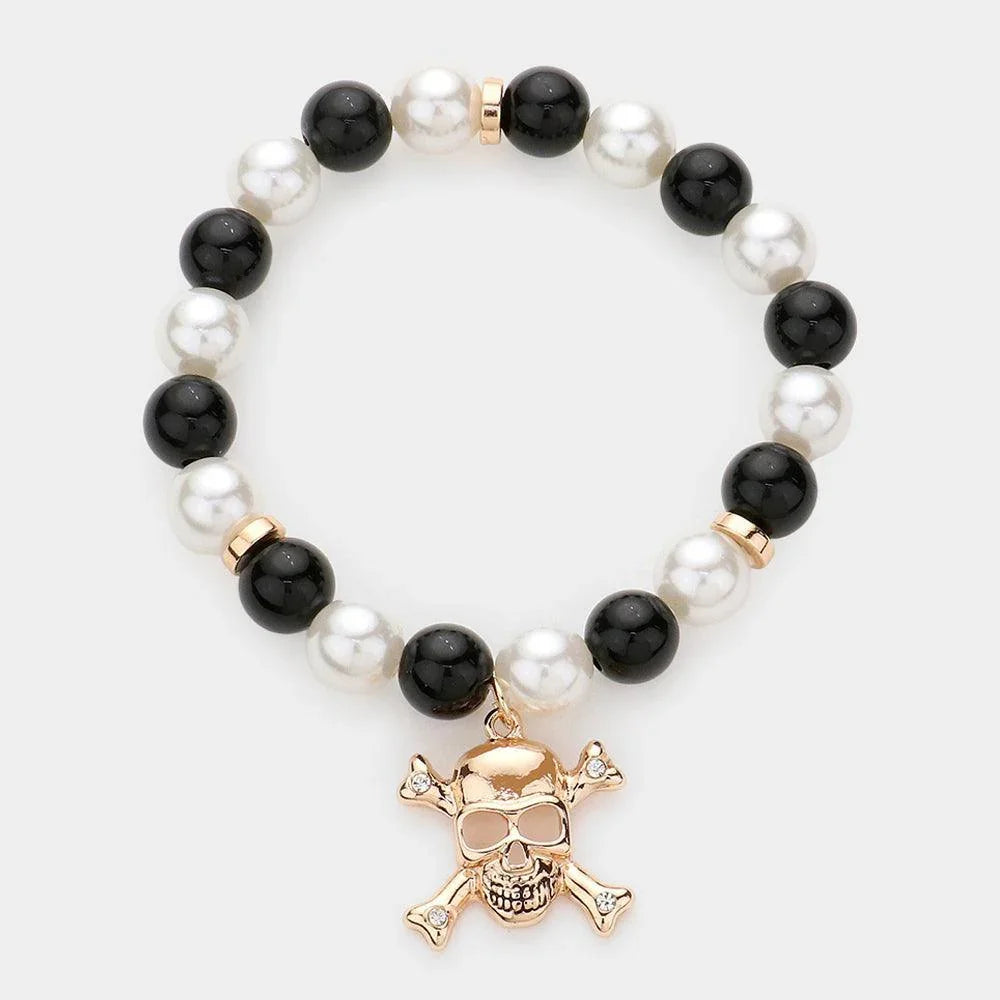 Black Skull Charm Pearl Beaded Stretch Bracelet - Jewelry Store by Erik Rayo