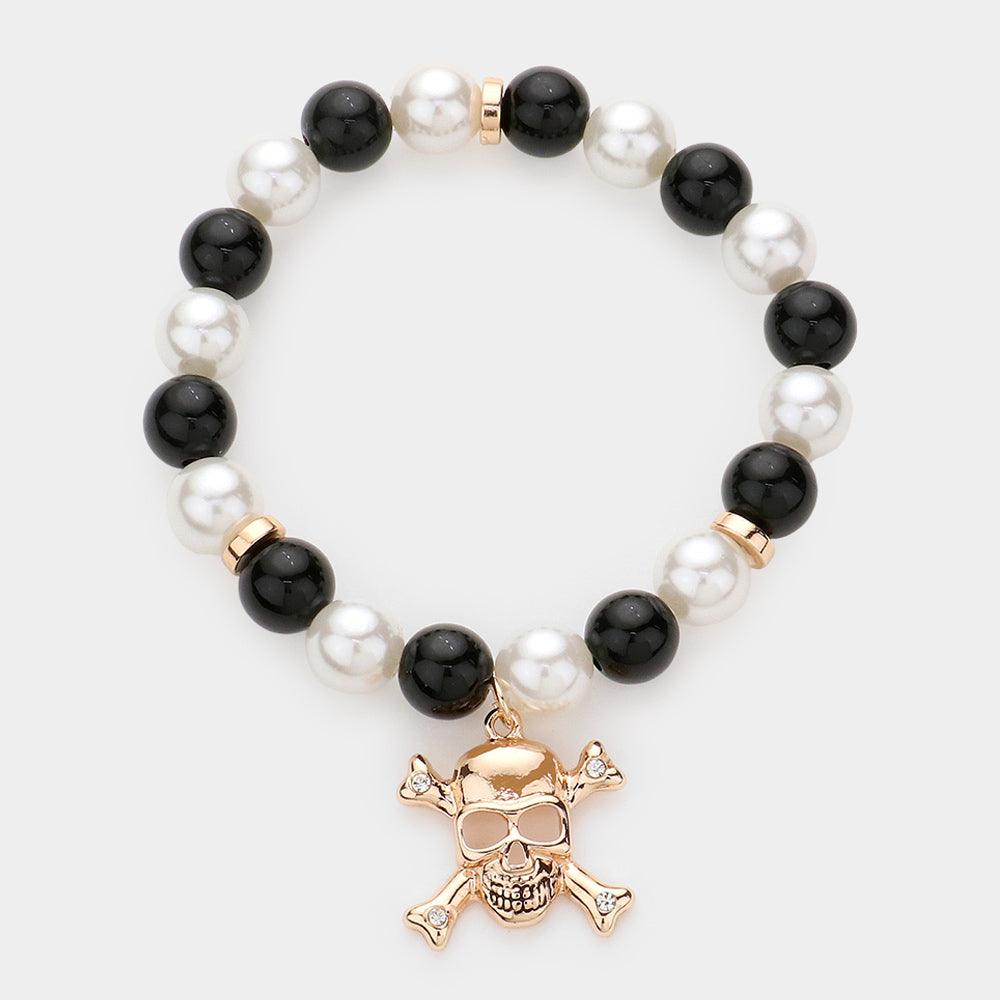 Black Skull Charm Pearl Beaded Stretch Bracelet