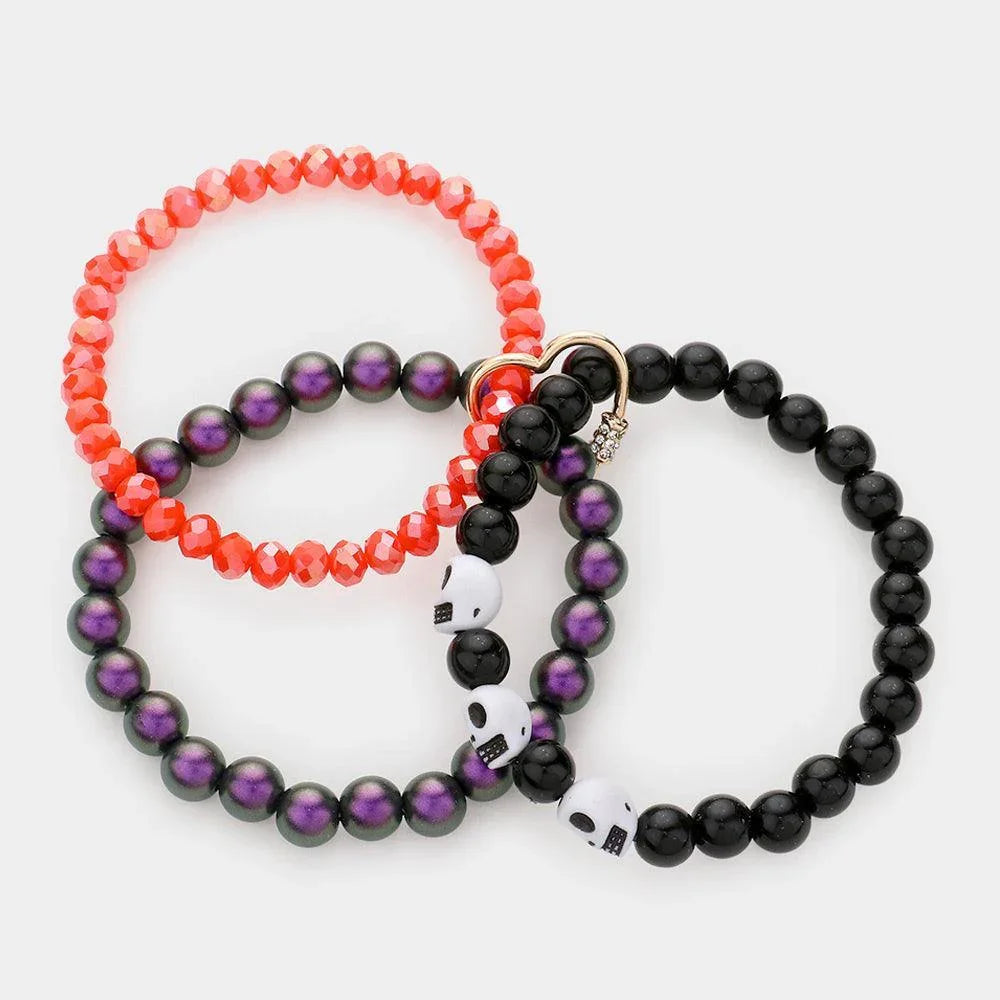 Skull Pointed Triple Layered Beaded Stretch Bracelet - Jewelry Store by Erik Rayo