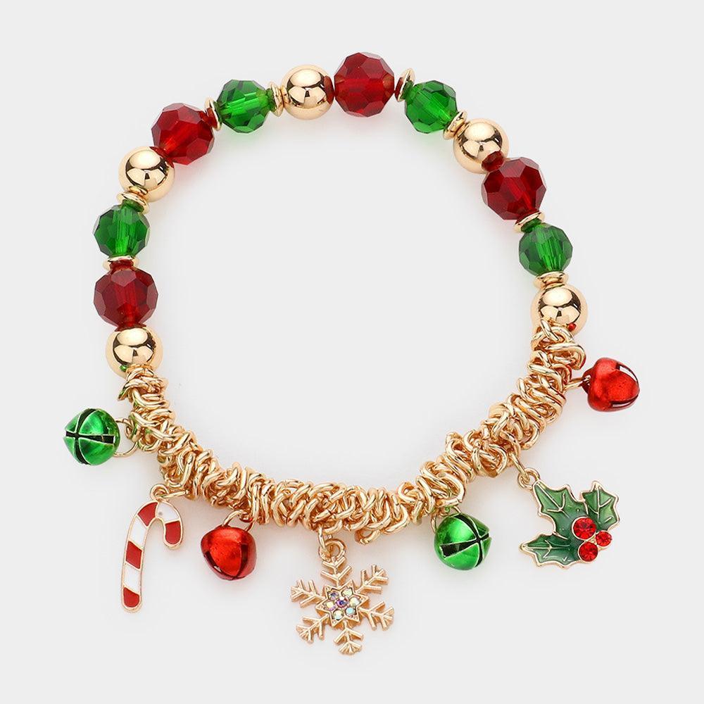 Candy Cane Snowflake Holly Leaves Metal Ball Faceted Beaded Stretch Bracelet - Jewelry Store by Erik Rayo