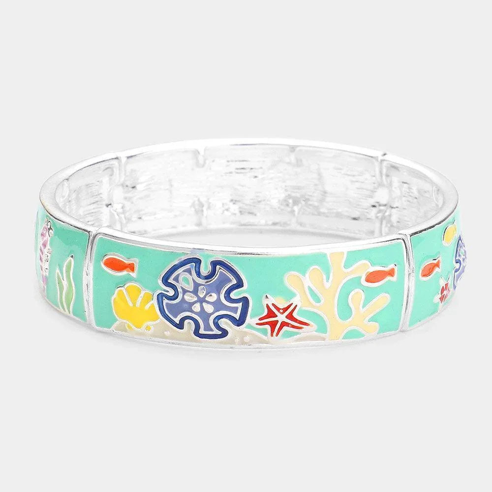 Turquoise Enamel Fish Shell Sand Dollar Starfish Coral Stretch Bracelet - Jewelry Store by Erik Rayo