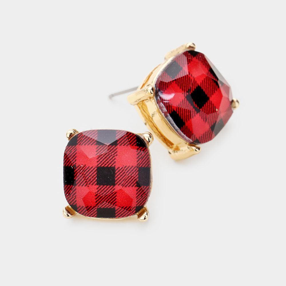 Red Buffalo Check Square Stone Stud Earrings - Jewelry Store by Erik Rayo